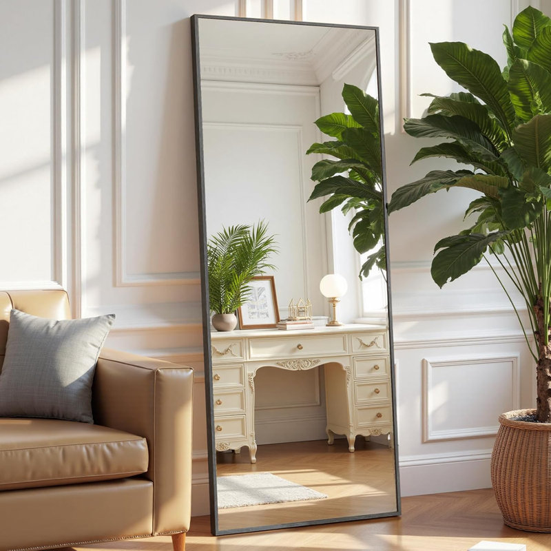 Full Length Mirror 59"X16" For Bedroom, Full Body Mirror With Stand, Hanging Or Leaning For Wall, Aluminum Alloy Thin Frame Floor Standing For Living Room, Long, Black
