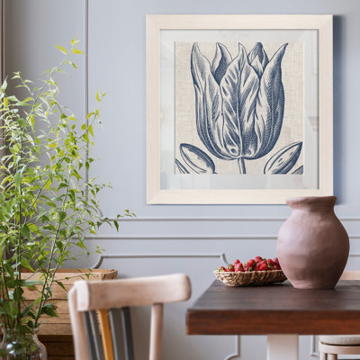 Indigo floral sur lin VI - reproduction encadrée de qualité supérieure - prêt à être accroché - impression encadrée sur papier