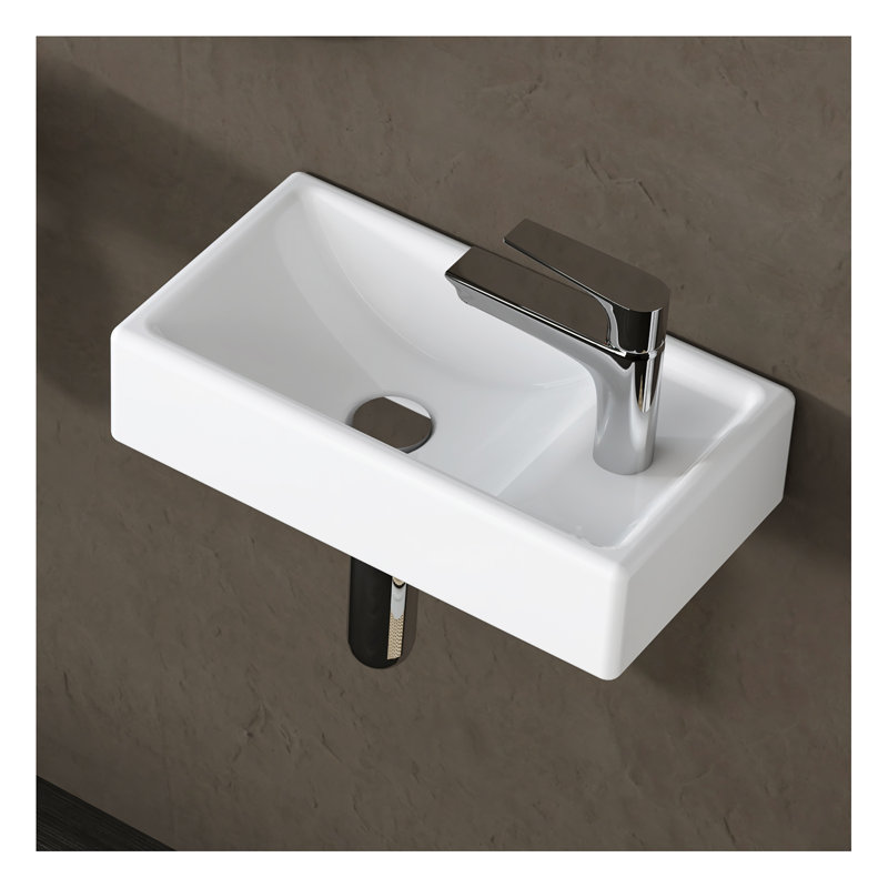 Combiné de lavabo mural de 16 pouces MEJE, petit lavabo de vestiaire, lavabo de salle de bain rectangulaire en céramique - ensemble de lavabo à droite (avec robinet et bonde escamotable)