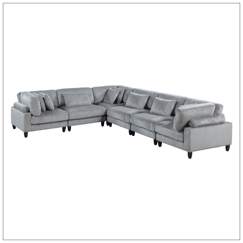 6Pc Modular Sectional Set Gray Corduroy Upholstery 3X Armless Chairs 3X Corner Seats Soft Pillows Living Room Furniture