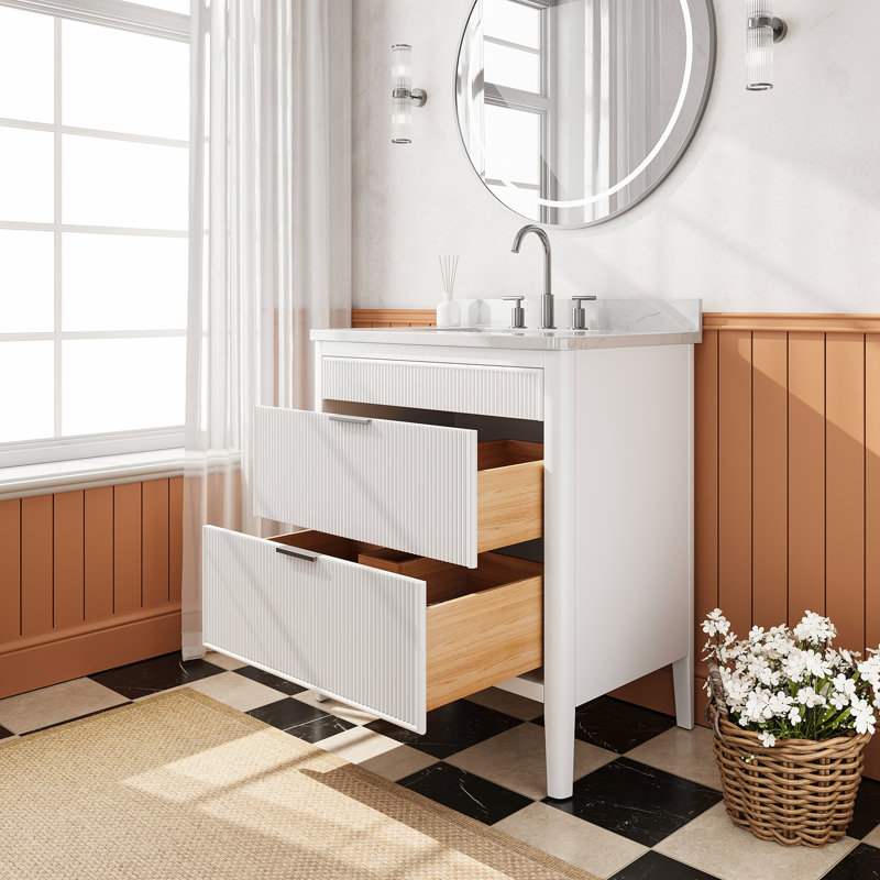 Ensemble de meuble-lavabo autoportant blanc entièrement assemblé de 30 po avec construction en bois massif et plateau en marbre d'ingénierie