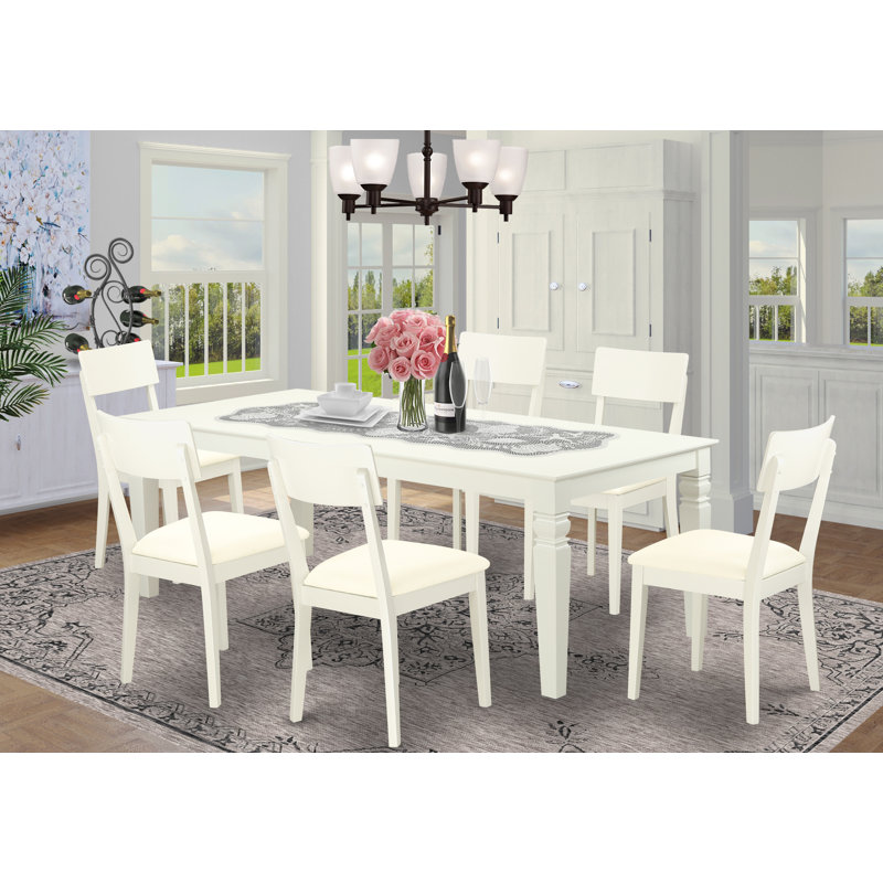 7 Piece Kitchen Table Set Consist of a Rectangle Dining Table with Butterfly Leaf and 6 Faux Leather Dining Room Chairs, Linen White