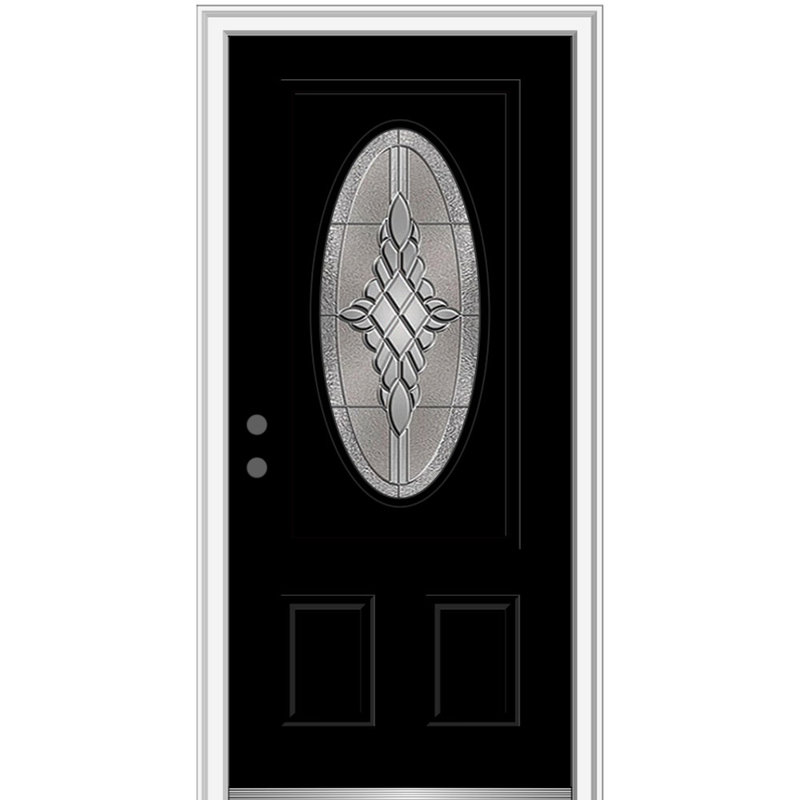 Petite porte d'entrée pré-suspendue ovale en fibre de verre 2 panneaux Grace, Ouverture vers la gauche, Noir / blanc brillant