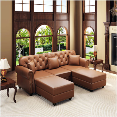 Mid-Century Modern Chesterfield Sofa with Button Tufted Faux Leather, Nailhead Trim, and Rolled Armrests, Includes 3 Pillows,