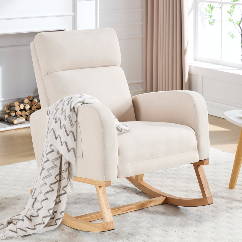 Fauteuil à bascule Anacely de 28 po de largeur avec bois massif et repose-pieds, Tissu beige