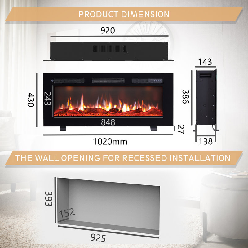 WILTON FLAMEKO Black Electric Fireplace, 43cm H x 102cm W x 14cm D
