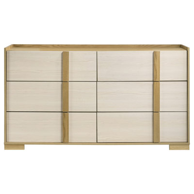 Commode 6 tiroirs, finition bois brun clair à deux tons, commode de rangement large bord de mer moderne pour chambre à coucher