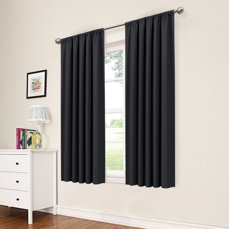 Eclipse Kids Macklin Solid Thermaback Blackout Rod Pocket Window Curtain Panel, Black, 42" W x 63" L