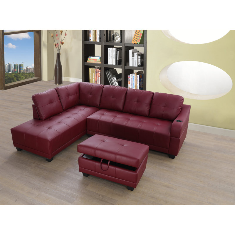Sherall 96.2" Wide Faux Leather Left Hand Facing Sofa & Chaise with Ottoman