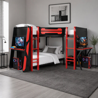 Cadre de lit de jeu simple en L en forme de L avec lumières à DEL RVB, lits simples doubles, ports USB, meuble télé et tablettes de rangement, aménagement réversible, lit mezzanine en bois peu encombrant pour adolescents et adultes - rouge