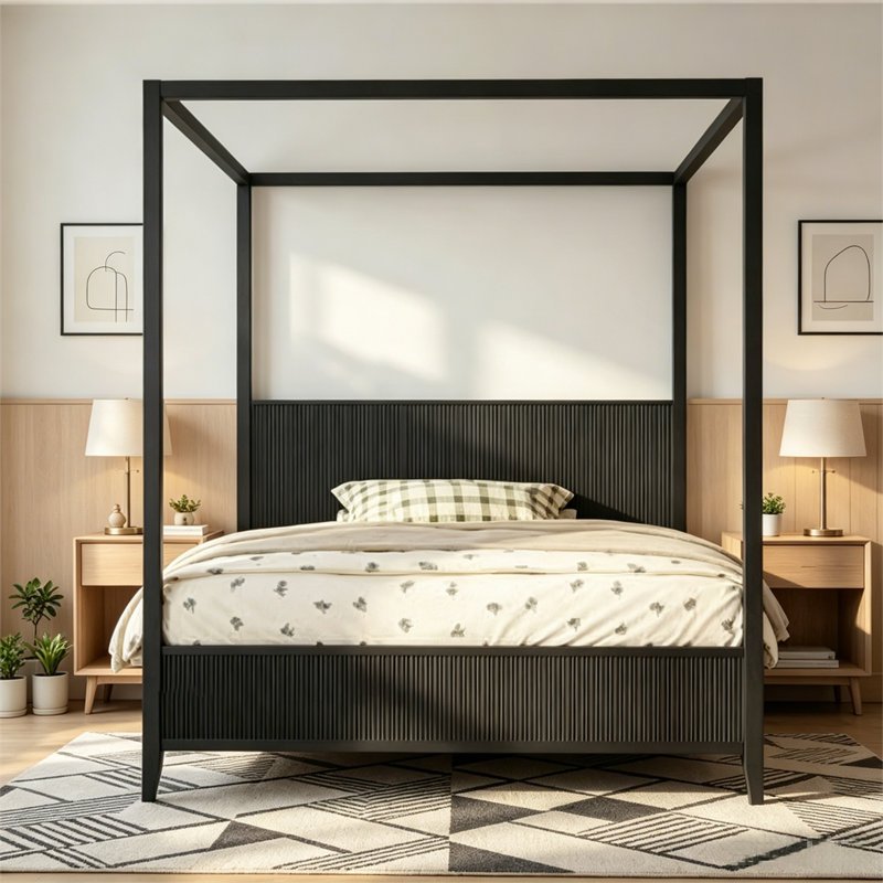 Lit plateforme à baldaquin en bois avec lattes de support, Black