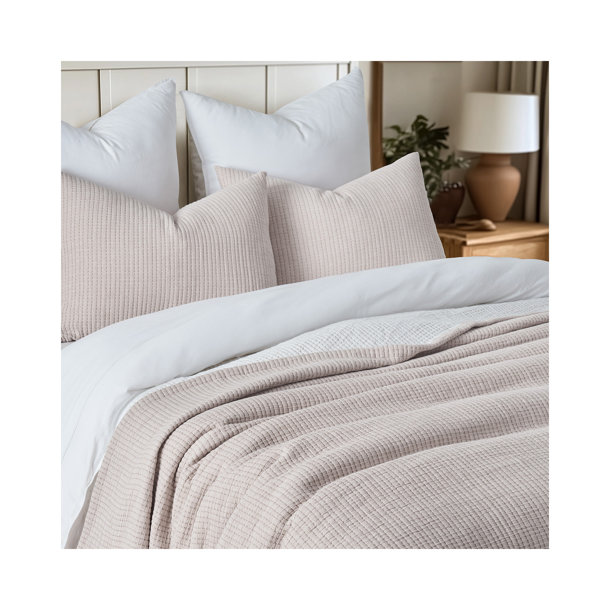 Solid Cotton Gauze Pick-stitch Matelesse Coverlet Bedspread set, King Quilt + 2 King Shams, Beige/White