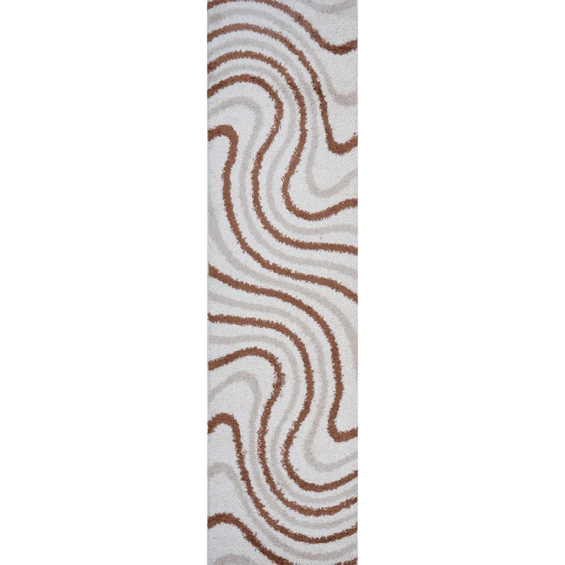Moodi Modern Shaggy Area Rug Abstract Wavy Line Design, Runner 80 x 300 cm, Off-White Beige/Terra