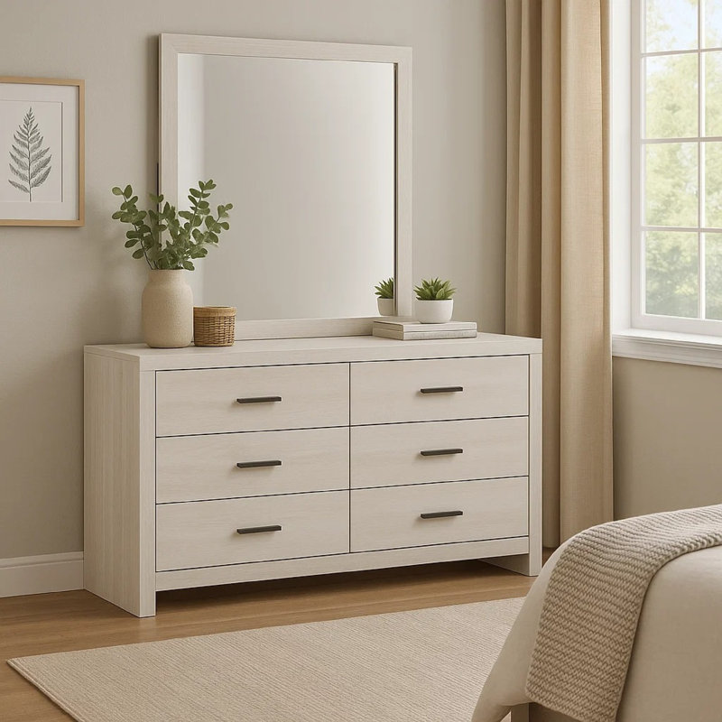 Commode 6 tiroirs avec miroir Coastal White, Blanc