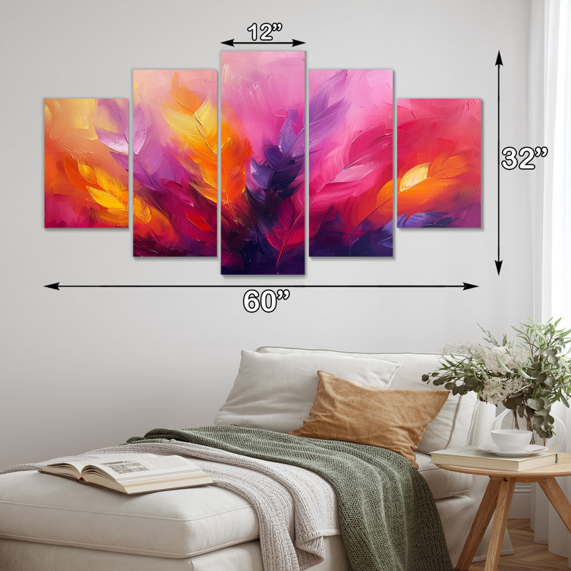 «Pink Yellow Feathered Fantasy III», ensemble d'art mural sur toile