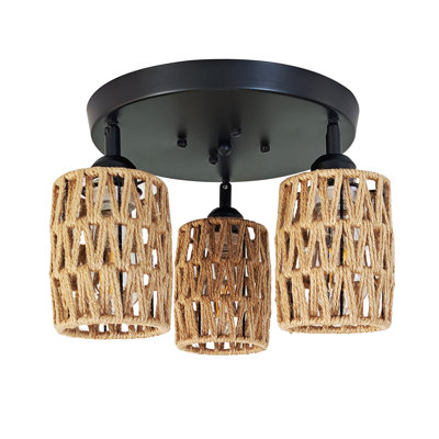 Boho 3-Light Farmhouse Rattan Ceiling Light Fixtures, 14" Flush Mount With Hand-Woven Shade