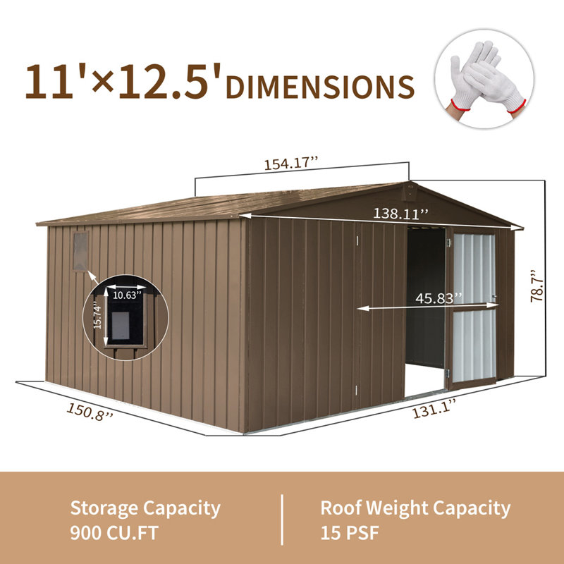 Remise de rangement en métal, H 78,7 po x l 138,11 po x P 154,17 po, Brun