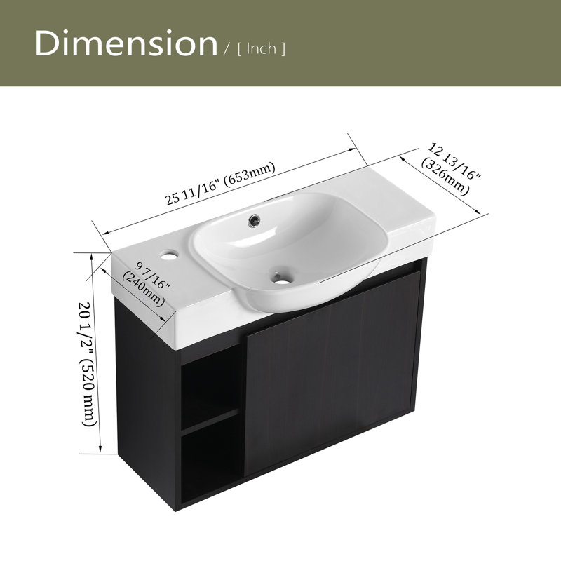 Meuble-lavabo mural 26 po avec lavabo en céramique et porte en contreplaqué, Noir