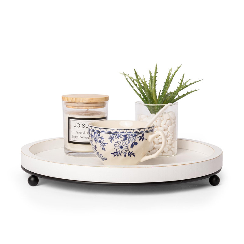 12In Decorative Tray For Home Decor - White Wood Iron Bead Tray, Round Tray For Coffee Table, Rustic Wooden Tray, Farmhouse Trays Centerpiece