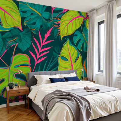 Peel and Stick Wallpaper Tropical Botanical Leaves Vibrant Pink Green Dark Wall Murals 100"H x 144"W Removable PVC Wall Paper Self-Adhesive Botanical Wall Decor for Bedroom Living Room