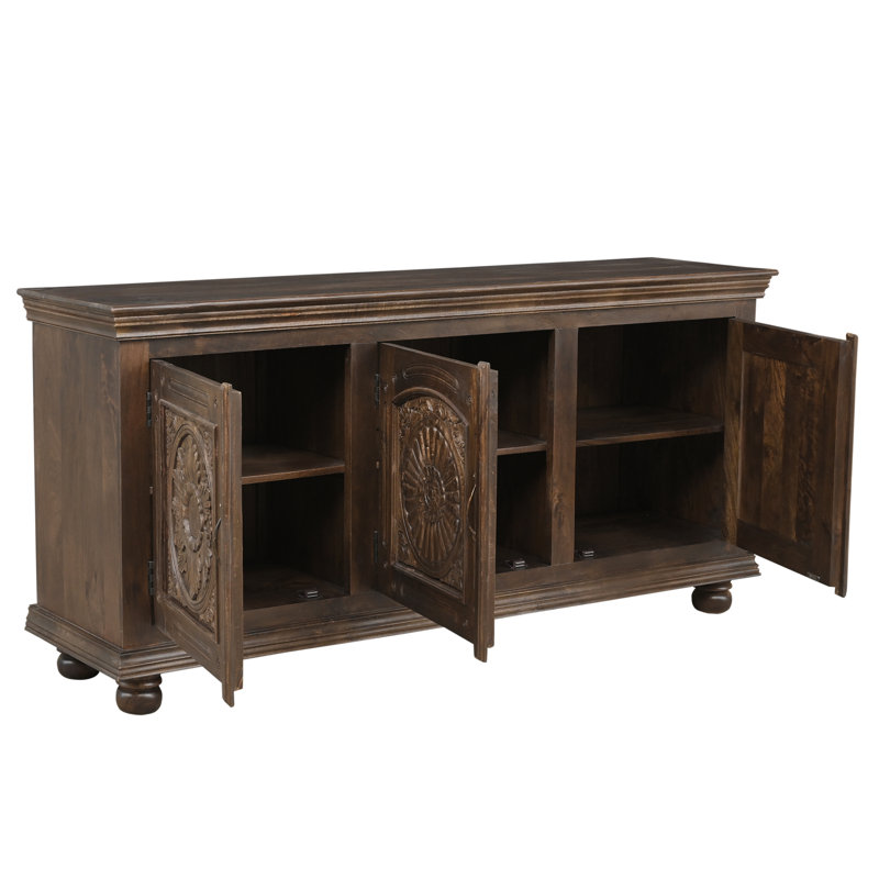 Buffet en bois de manguier massif sculpté à la main avec portes florales, 81 po L, Brun grillé