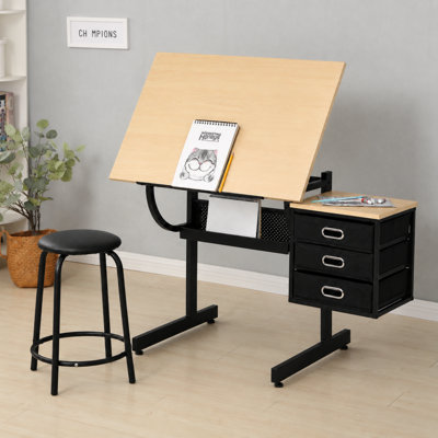 Table à dessin réglable en érable pour le bricolage, la lecture, l'écriture avec tabouret et 3 tiroirs de rangement