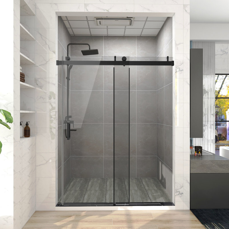 60 po X P 76 po H Porte de douche coulissante simple sans cadre au fini noir mat avec verre transparent, Noir mat