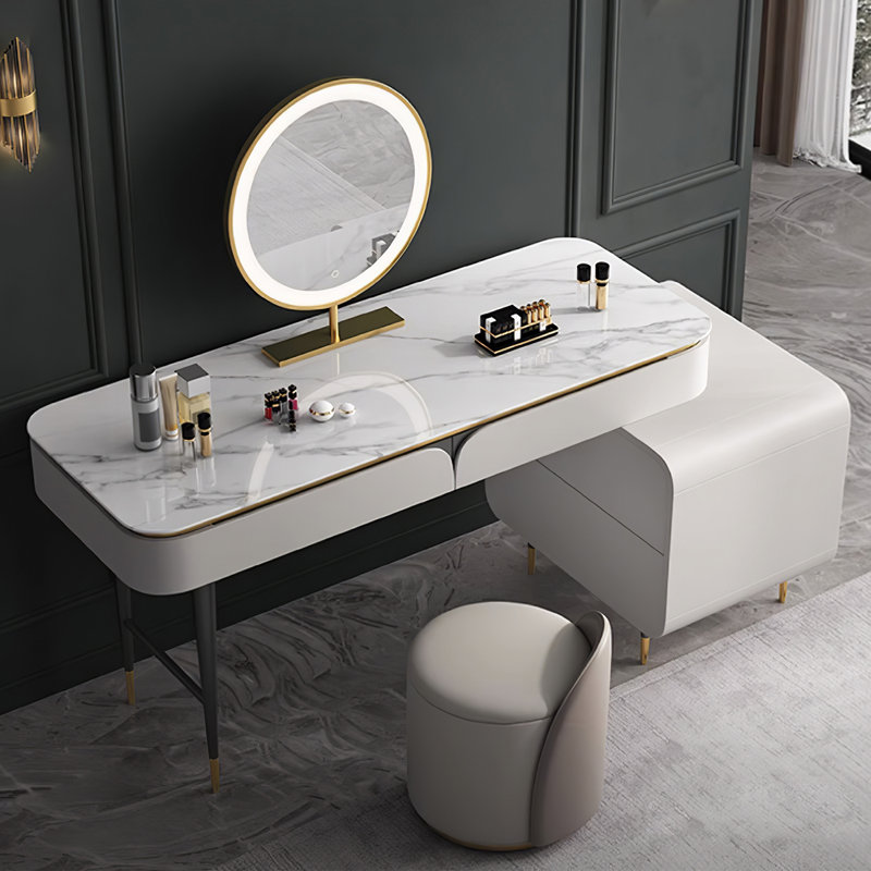 39,5 po, coiffeuse de luxe en pierre frittée avec miroir lumineux à DEL, armoire latérale et 4 tiroirs avec tabouret, blanc