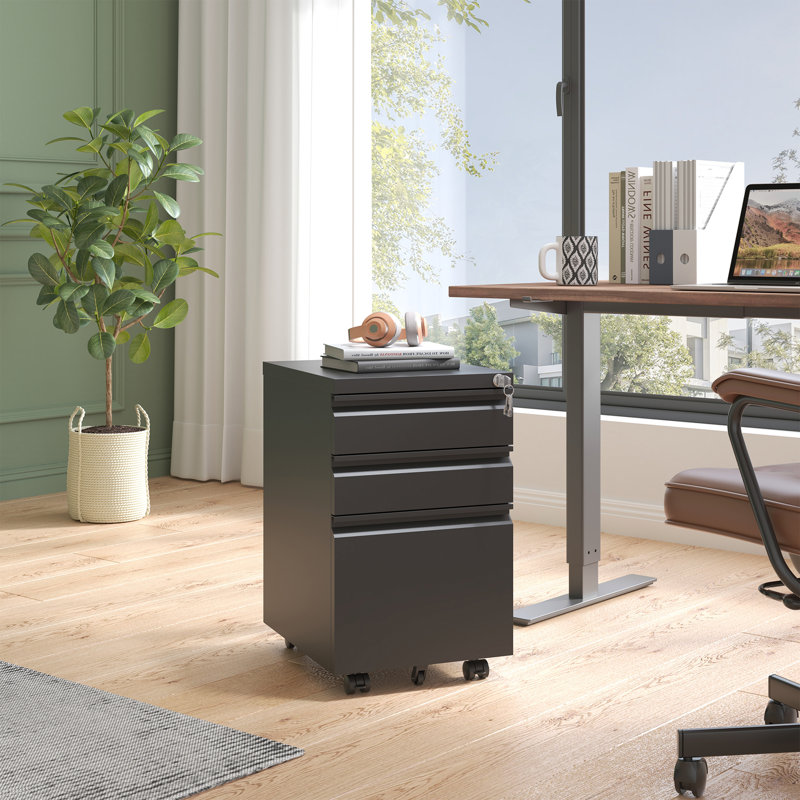 3 Drawer Metal Mobile File Cabinet with Lock for Home Office Fully Assembled, Black
