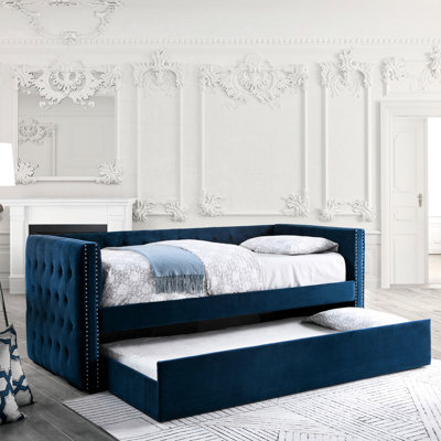 Lit de jour avec couchette, style transitionnel bleu marine, revêtement en flanelle rembourrée, bouton, garniture cloutée, ensemble de lattes pour le revêtement de style chambre à coucher en flanelle, configuration