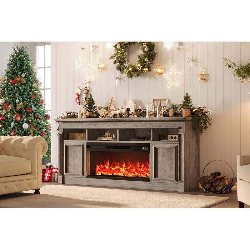 Fireplace TV Stand, Wooden Entertainment Center with Fireplace, Farmhouse Media Console with Storage Cabinets for Living Room