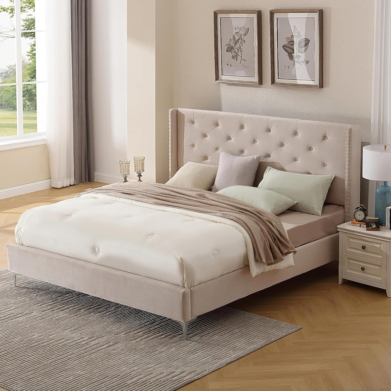 Diwata Upholstered Wingback Bed, Cream, Queen