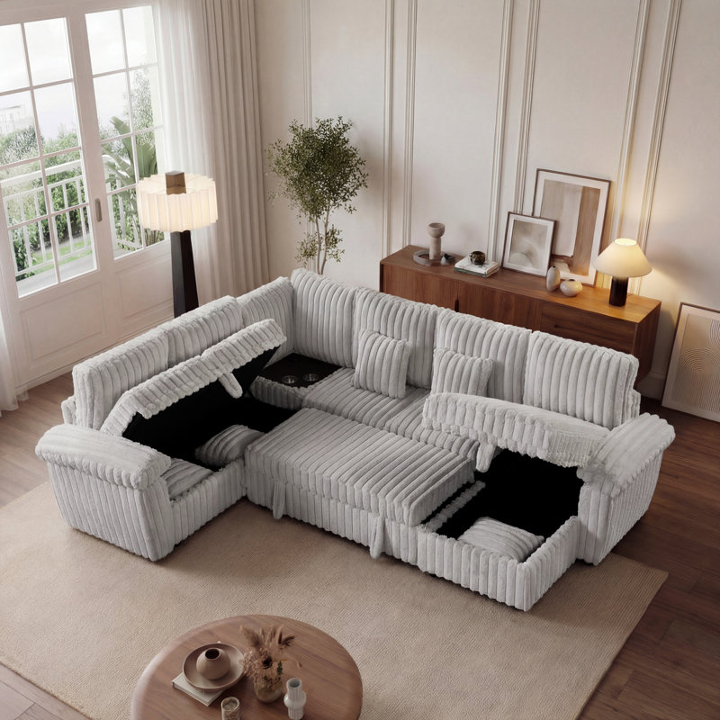 Canapé modulaire en U en velours côtelé ultra doux avec rangement et lit escamotable, table basse d'angle avec porte-gobelet et port USB; Convient au salon, canapé modulaire en velours côtelé confortable