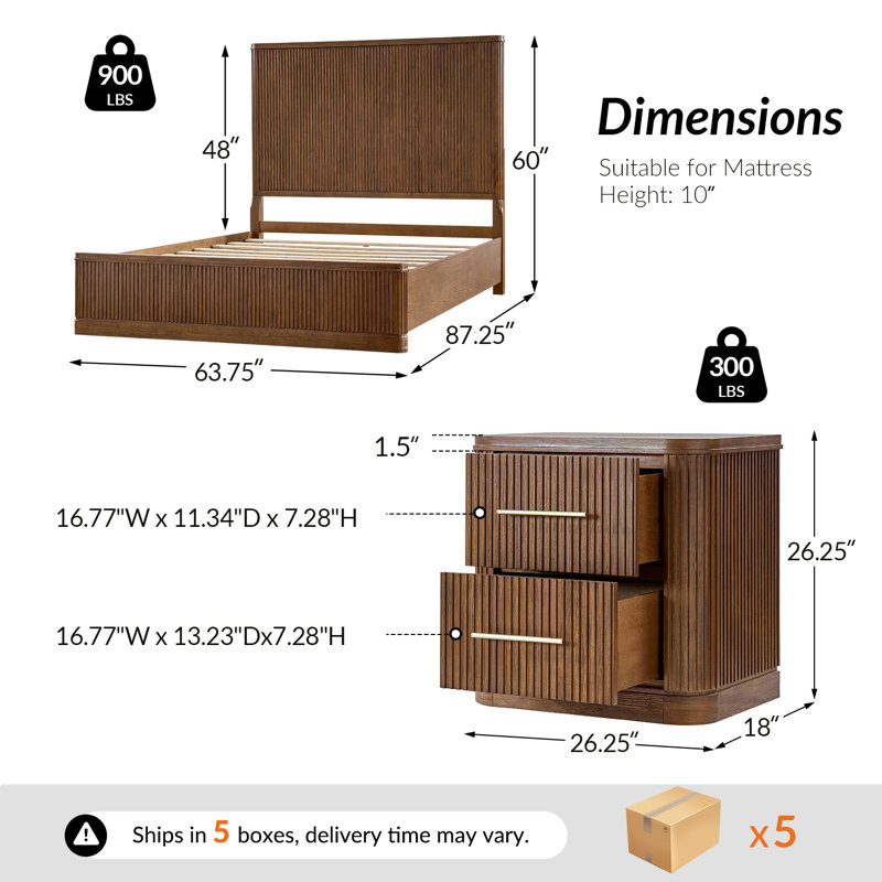Graciana 3-Piece Fluted Solid Wood Bedroom Set, Walnut, Queen
