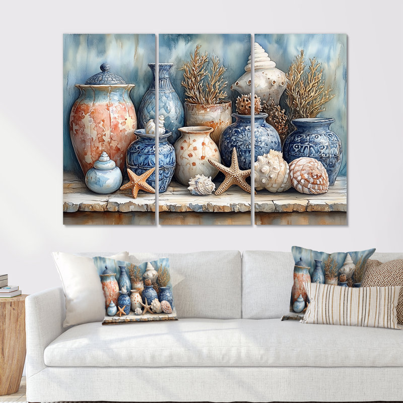 «Blue and White Beach Pottery Oceanic Odyssey», ensemble d'art mural de poterie de plage, Métal métal
