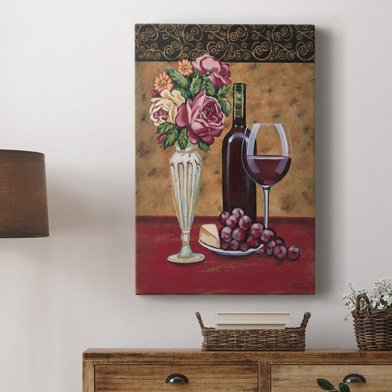 Fleurs rétro et vin I - galerie Cavas sur mesure, H 27 po x l 18 po