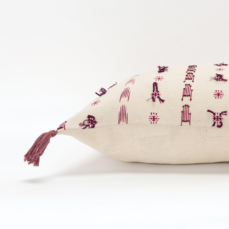 Magenta Beige Tribal Inspired Tasseled Lumbar Pillow, Magenta / beige