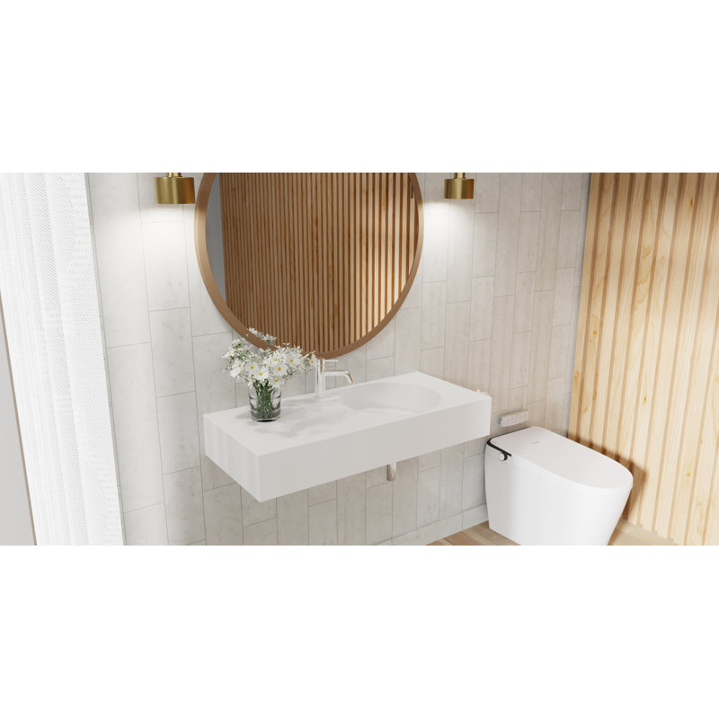 Lavabo de salle de bain mural rectangulaire en résine avec trop-plein 39,4 po x 17,7 po Badeloft WT-02-A-G, Blanc lustré