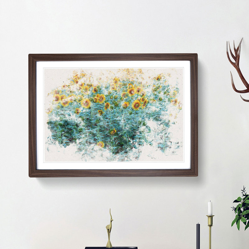 Sunflowers Soon To Bloom Watercolour - Single Picture Frame Print on MDF, Walnut Framed, 40cm H x 60cm W x 2cm D