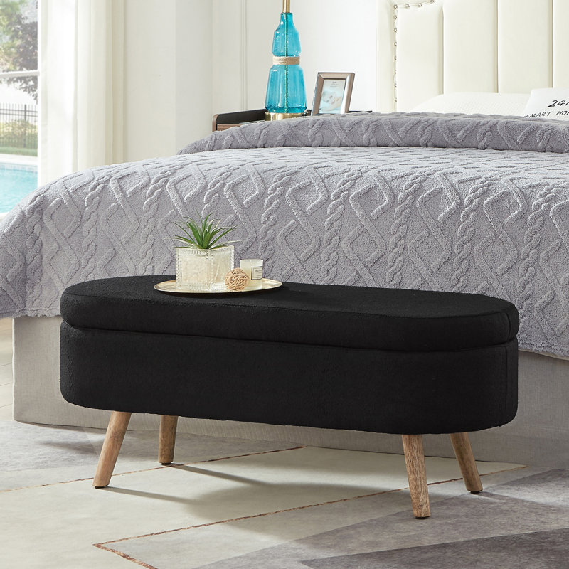 Luxury Oval Boucle Storage Ottoman Bench With Wood Legs 350Lb Weight Capacity & Safety Hinge(Only Includs Bench), Black