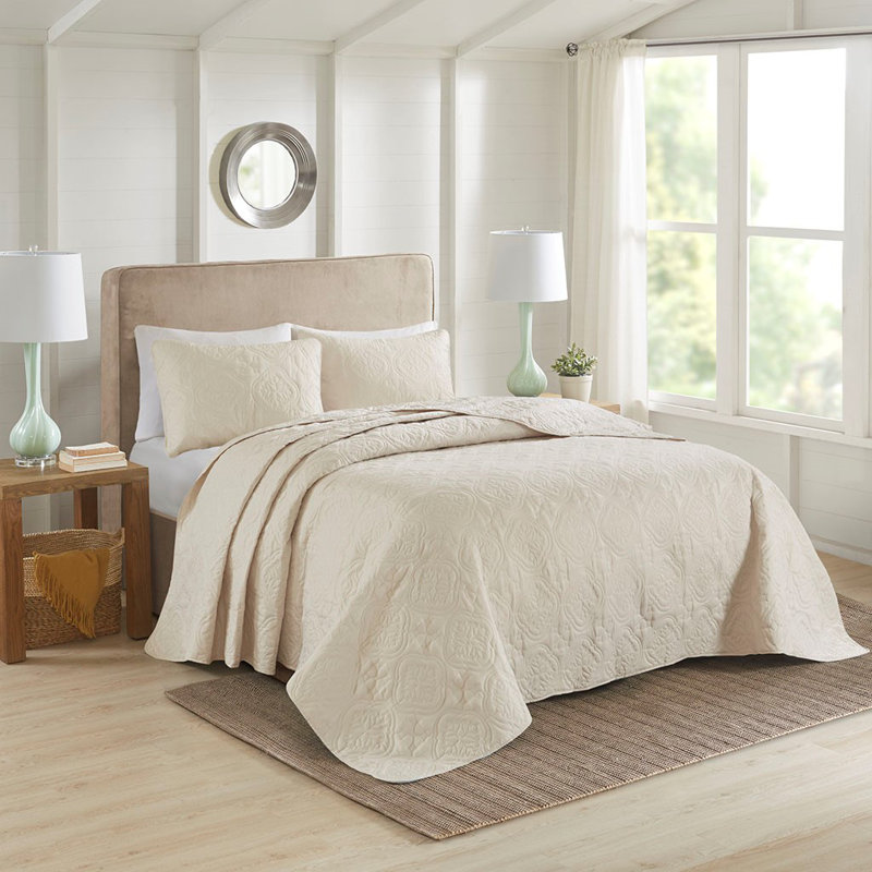 Ensemble de couvre-lit matelassé très grand 3 pièces, King Coverlet/Bedspread + 2 Pillowcases, Crème