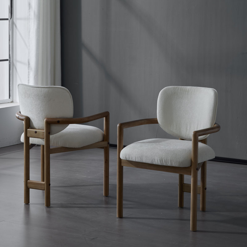 Set of 2 Upholstered Arm Dining Chairs with Rubber Wood Frame and Beige Fabric Upholstery, White Fabric, Pantone