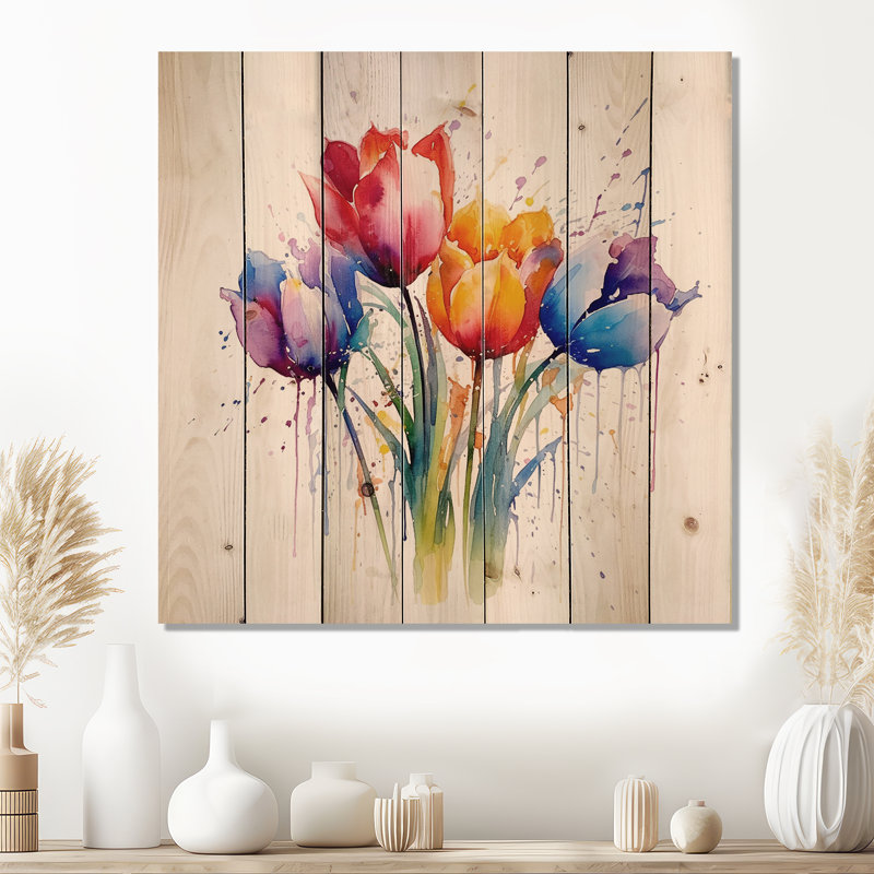 «Majestic Herald - Tulipes», impression d'art mural sur bois de pin naturel, H 15 po x l 15 po
