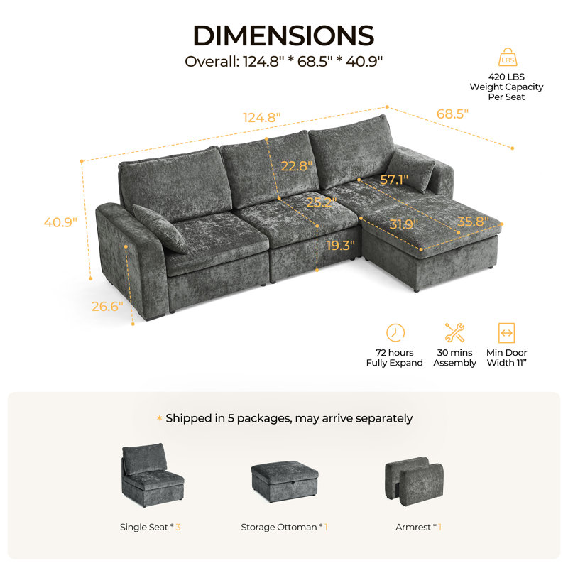 Single Chenille Storage Ottoman Wide Cloud Couch, Cushion Covers Removable, Freely Combined With Other Modules, Gray Chenille