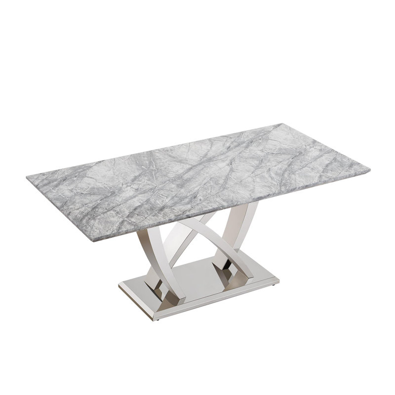 Table de salle à manger en marbre pour 6 personnes, table de salle à manger rectangulaire en faux marbre 70 po avec base en acier inoxydable à finition miroir, table de cuisine moderne en marbre de grande taille (argent, gris) (table seulement)