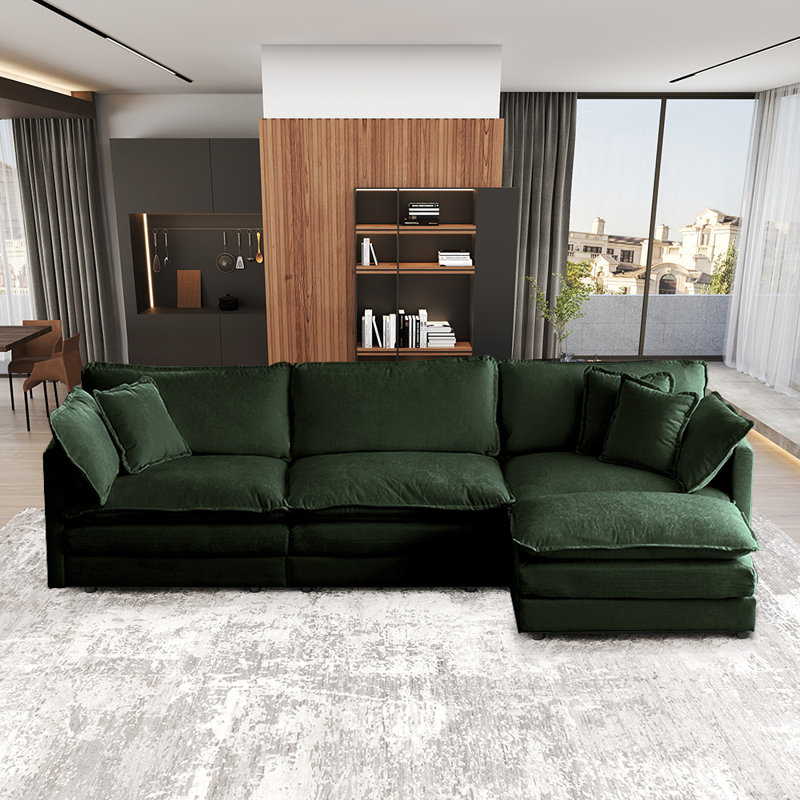 111.5" L-Shaped Modular Sectional Sofa With Movable Ottomans, Green Chenille
