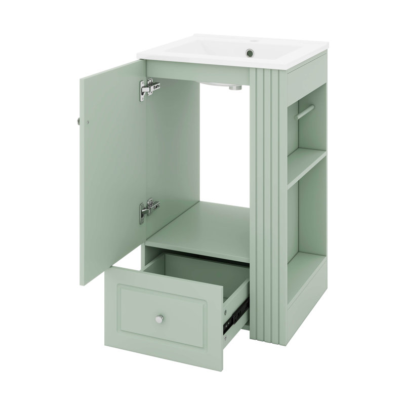 Meuble-lavabo de 20 po avec lavabo en céramique, tablettes latérales ouvertes et porte-papier hygiénique, Vert