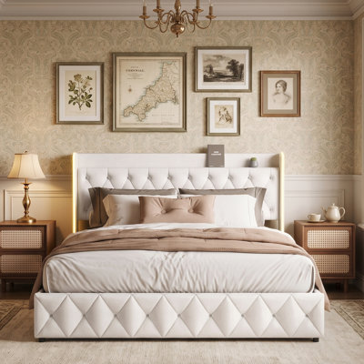 4Ft6 Hydraulic Lift Up Beds, Upholstered Double Bed Frame with Storage and Headboard, Velvet Fabric Platform Bed with LED Lights and Charging-Port for Bedroom, Beige(135X190cm, UK plug)