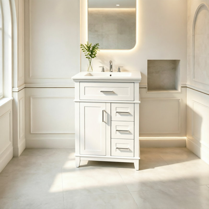 Meuble-lavabo moderne de 61 cm (24 pouces) avec lavabo en céramique, structure en bois massif et caisson en MDF, 1 porte, 1 tiroir abattant et 3 tiroirs, charnières à fermeture amortie, tablette réglable, poignées argentées, blanc