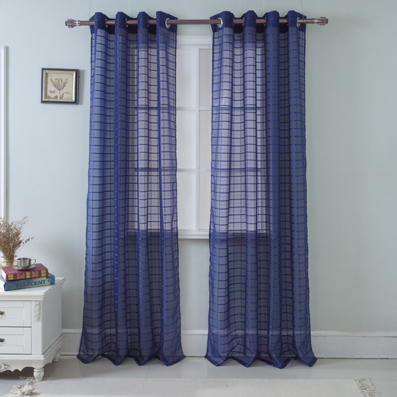 Jardine Plaid Stripe Sheer Window Curtain Panel, Navy Blue